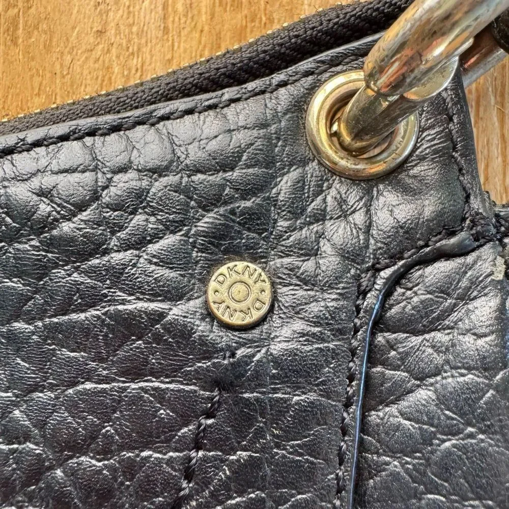 Vintage Y2K DKNY Hard Pebbled Leather Gold Hardware Turn Lock Shoulder Bag